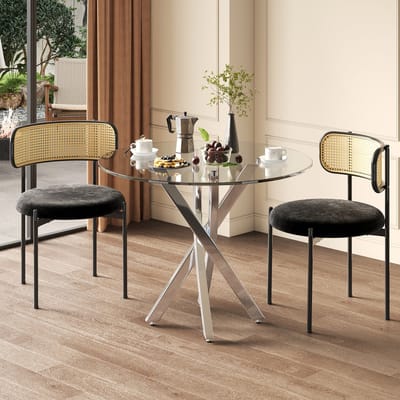 DESMIU Ronde Eettafel Met Gehard Glas En Kruisvormige Poten Voor Eetkamer En Woonkamer Van Glas En Metaal Zilver 80 X 80 X 75 Cm