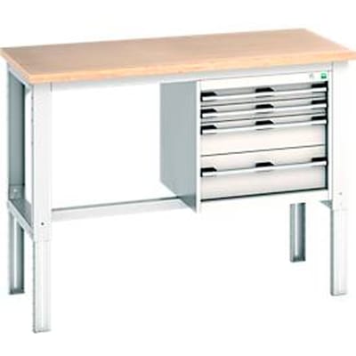 Bott cubio werkbank, handmatig in hoogte verstelbaar, beuken multiplex blad, B 1500 x D 750 x H 740-1140 mm, 800 kg, lichtgrijs RAL 7035