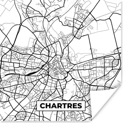 Poster Stadskaart – Frankrijk – Chartres - Kaart – Plattegrond - Zwart wit - 100x100 cm XXL
