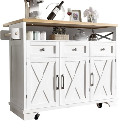 Keukeneiland - 118x43x98cm - Verrijdbaar met Rollen - Handdoekhouder - Hout - Wit