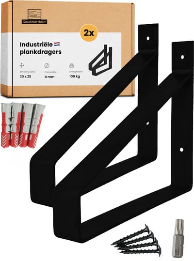 GoudmetHout Industriële Plankdragers XL 30 cm - Staal - Mat Zwart - 4 cm x 30 cm x 25 cm - Plankendrager