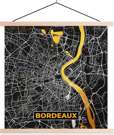 Posterhanger incl. Poster 40x40 cm - Schoolplaat - Frankrijk – Bordeaux – Stadskaart – Plattegrond – Kaart - Textielposter - Blanke latten - Stadskaart