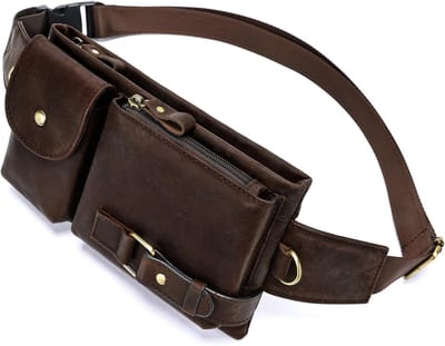 KZQ Vintage heuptasje van echt leer - unisex - geschikt voor reizen, wandelen en hardlopen - hiphopstijl - ultradun ontwerp - ingebouwd vak voor telefoon en portemonnee - koffiekleur - 22 × 2,8 × 12 cm - zwart