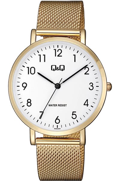 Q&Q QA20J054Y - Horloge - Analoog - Mannen - Heren - Mesh/Milanese band - Rond - Metaal - Cijfers - Goudkleurig - Wit