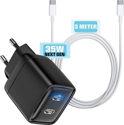 Usb c adapter 35w 2 poorten - Dual usb C Charger + usb C kabels 3 meter - Lange oplader Galaxy S26 Ultra S25 S24 S23 A56 17 Pro Max Mac Book Neo