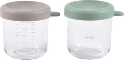 Béaba Set van 2 Glazen Bewaarpotjes - 250 ml - Kan in Vaatwasser, Vriezer & Magnetron - Hermetisch & Stapelbaar - Grijs/Groen