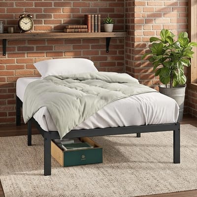 Elias SteelLine – Metalen Bedframe 90x200 cm – Zwart Stalen Eenpersoonsbed met 36 cm Opbergruimte en lattenbodemCasa Serena – Casa Dorada