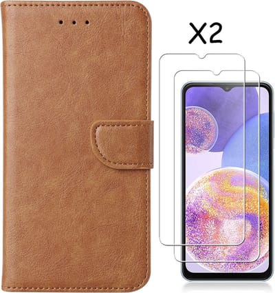 Hoesje Geschikt Voor Samsung Galaxy A23 4/5G hoesje bookcase Bruin - Hoesje Geschikt Voor Samsung Galaxy A23 4/5G bookcase portemonnee Hoesje Geschikt Voor Samsung Galaxy A23 screenprotector / 2X Beschermglas