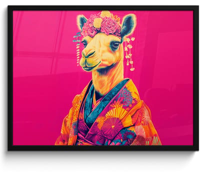 Poster in lijst - Fotolijst 70x50 cm - Posters - Kameel - Bloemen - Kimono - Waaiers - Posterlijst zwart - Decoratie - Wanddecoratie woonkamer - Muurdecoratie slaapkamer