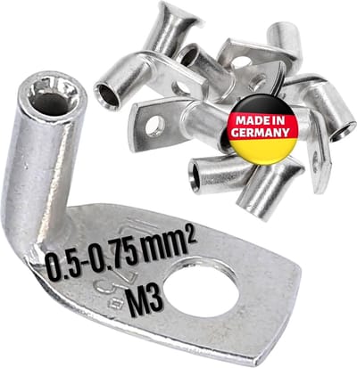 10 stuks Kalitec KA01-L3 standaard buiskabelschoenen haaks 0,5 mm²-0,75 mm² M3 I zonder kijkgat I 90° I Made in Germany