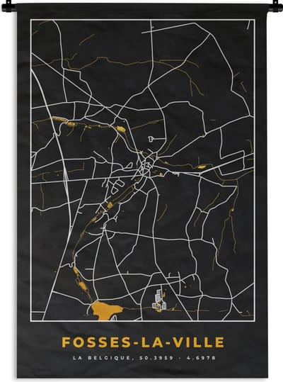 Wandkleed - Wanddoek - Stadskaart - Fosses-La-Ville - Plattegrond - Goud - Kaart - 120x180 cm - Wandtapijt