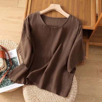 Nieuwe Zomer Katoen en Linnen Dames Tops Grote Maten Literair Pullover Casual Los T-shirt Tops met Korte Mouwen M black