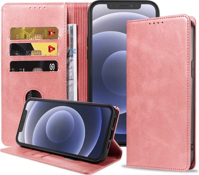 Smartphonica iPhone 12/12 Pro leren hoesje met magnetische sluiting - Roze geschikt voor iPhone 12;iPhone 12 Pro