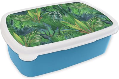 Broodtrommel Blauw - Lunchbox - Brooddoos - Bladeren - Tropisch - Patronen - 18x12x6 cm - Kinderen - Jongen