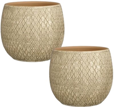 Mica decorations Bloempot / plantenpot Madeira - 2x - creme - terracotta - 23 x 23 cm - schubbenpatroon