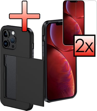 Hoes Geschikt voor iPhone 14 Pro Hoesje Pasjeshouder Hard Cover Met 2x Screenprotector Shock Proof Hard Case Hoes Met Kaarthouder - Zwart