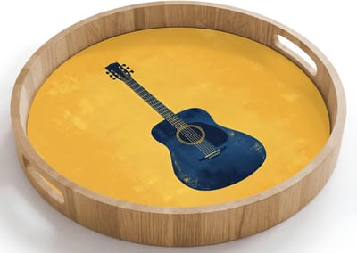 Dienblad rond 40x40 cm - Schootdienblad hout - Gitaar - Akoestisch - Geel - Minimalistisch - Borrelplank rechthoek - Plateau houten dienbladen