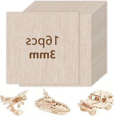 Set van 16 Plywood Platen, 3 mm, 300 x 300 mm, Lichtgewicht Hout voor Knutselen, Schilderen en Modelbouw, Perfect voor DIY Projecten en Creatieve Werkzaamheden