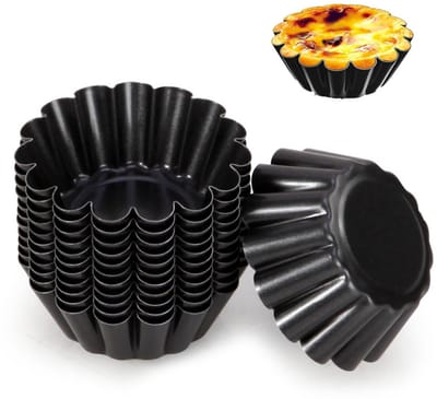 12 stuks - Vormpjes voor eiertaartjes - antiaanbakvormpjes van koolstofstaal - mini-taartvormpjes - muffinvormpjes, cupcakevormpjes, puddingvormpjes - zwart - geschikt voor het maken van taarten, Chinese eiertaartjes en gebak.
