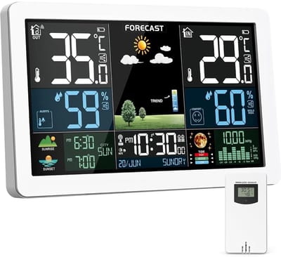 Weerstation Draasloos Binnen/Buiten - Weerstation - Kleurenweergave - Buitensensor - Weersvoorspelling - Voor Binnen en Buiten
