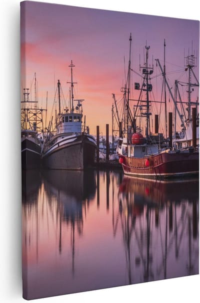 Artaza Canvas Schilderij Zonsondergang Haven - 40x50 cm - Wanddecoratie Boten - Muurdecoratie Zee - Schilderijen Op Canvas