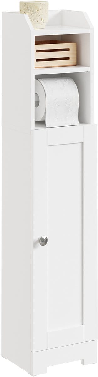 SoBuy Toiletkast FRG177-II-W – Toiletrolhouder met Kast – Smalle Badkamerkast met Deur en Verstelbare Planken – Wit, MDF, 20x18x95cm