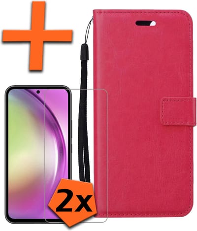 Hoes - Met 2x Screenprotector - Geschikt voor Samsung Galaxy A54 - Luxe Pasjeshouder - Bookcase Portemonee - Flip Case - Kunstleer Book Case - Flipcase Hoes - Book Cover - Walletcase - PortemonneeHoes - Donkerroze