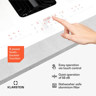 Klarstein Inductiekookplaat AirJet FlexPro met afzuigkap - Energie-efficiëntieklasse A++, luchtdebiet van 750 m³/u, vermogen van 14 kW, 4 Flex Zones, stil (58 dB), touchscreenbediening, wit - Inbouw voor Keuken - Booster Flexzone