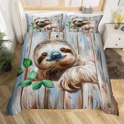 Schattige Luiaard Dekbedovertrek Waterverf Bloemen Beddengoed Set Lief Jungle Dier Dekbedovertrek Twin King Kawaii Luiaard Bedsprei Overtrek EU Double(200*200cm)3pcs