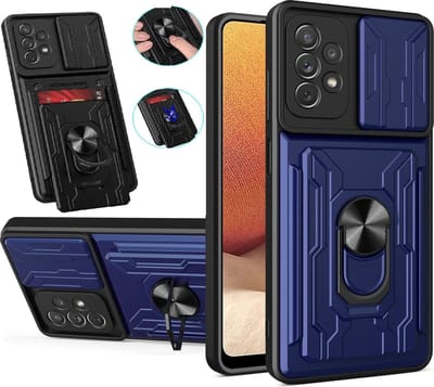 Hoesje Geschikt Voor Samsung Galaxy A22 5G hoesje met kickstand Blauw - Hoesje Geschikt Voor Samsung Galaxy A22 5G camera lens screen protector - hoesje Hoesje Geschikt Voor Samsung Galaxy A22 met pasjeshouder ring case