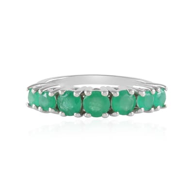 Cavill - Zilveren Ring 925 Sterling Zilver Gerhodineerd - 7 Socoto Smaragden Brazilië 1,058 ct - Ronde Slijpvorm - Luxe Damesring - Groene Edelsteen