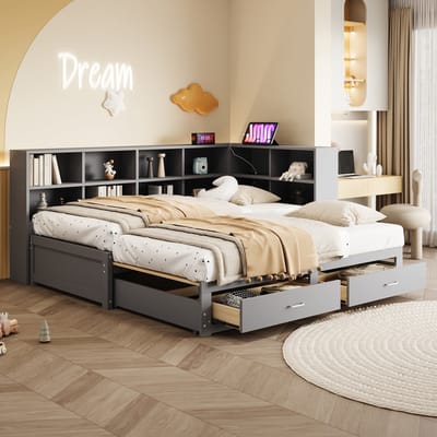 Massiefhouten Slaapbank - 90/180x190 cm - Uittrekbed + Laden + USB + Opbergruimte - Multifunctioneel - Grijs