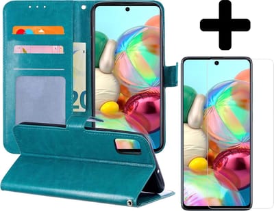 Hoesje - Met Screenprotector - Geschikt voor Samsung Galaxy A71 - Luxe Pasjeshouder - Flipcase - Bookcase Portemonee - Flip Case - Kunstleer Book Case - Book Cover - Walletcase - Portemonneehoes - Telefoonhoes - Turquoise