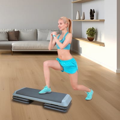 In hoogte verstelbare aerobic stepper van 110 cm met 4 hoogteverstellende pads, geschikt voor aerobe krachttraining in thuisgyms (grijs).