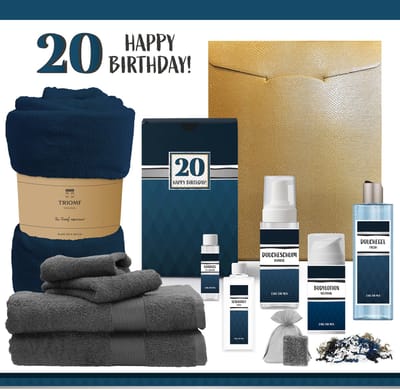 Geschenkset “20 Jaar Happy Birthday!” - 11 Producten - 2000 Gram | Giftset voor hem - Luxe wellness cadeaubox - Cadeau man Verjaardag - Veertig - Gefeliciteerd - Gift Twenty years - Party - Cadeaupakket Deluxe - Vriend - Verjaardagscadeau - Blauw