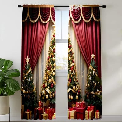 2 STUKS Vrolijk Kerstfeest Rood Nieuwjaar Gouden Bal Witte Sneeuwvlok Lichtfilterende Gordijnen voor Woonkamer Slaapkamer Raam Draperie Decor 50W130H(CM) 2PCS&Grommet Top brown