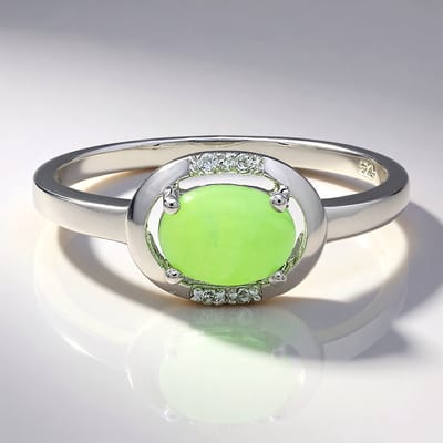 Cavill - Zilveren Ring - 925 Sterling Zilver - 0,73 ct Chrysopraas Ovaal & 0,022 ct Witte Topazen - Elegante Damesring - Groen Cabochon 3662RA