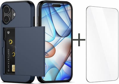 YPCd Hardcase Pasjeshouder Hoesje – Geschikt voor Apple iPhone 16 – Shockproof Backcover met Verborgen Kaartvak – Inclusief Glazen Screenprotector – Donkerblauw