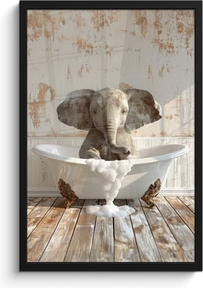 Poster in lijst - Fotolijst 40x60 cm - Posters - Vintage - Olifant - Badkuip - Schuim - Wilde dieren - Posterlijst zwart - Wanddecoratie badkamer - Muurdecoratie WC - Decoratieve accessoires - Toilet muur decoratie