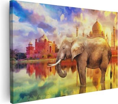 Artaza Canvas Schilderij Olifant India - 30x20 cm - Klein - Wanddecoratie Dieren - Muurdecoratie Taj Mahal - Kamer Accessoires Woonkamer
