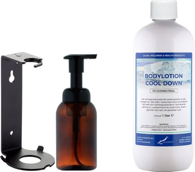 Zeepdispenser 300 ml amber bruin hervulbaar + 1 Liter Bodylotion Cool Down navulling (inclusief beugel)