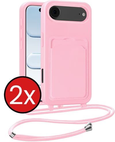 Hoesje Geschikt voor iPhone Air Hoesje Met Telefoonkoord en Pasjeshouder Siliconen - Hoes Geschikt voor iPhone Air Hoesje Met Kaarthouder Case - Lichtroze - 2 PACK