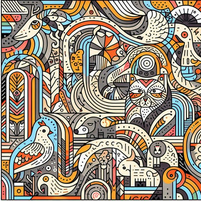 Line art dieren schilderij | Creatieve krachten: een verhalende reis door lijnen en dieren | Kunst - 80x80 centimeter op Dibond | Foto op Dibond