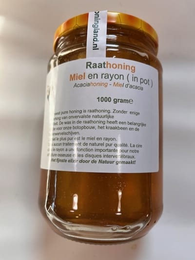 Honingland : Raathoning, Miel en rayon in Acaciahoning, Miel d'acacia .    1000 gram