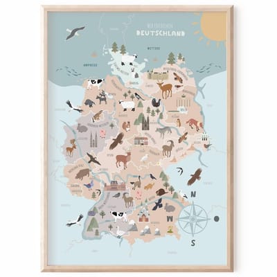Duitse kaart voor kinderen - Leerposter voor kinderkamer decoratie - Premium kwaliteit