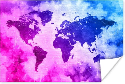 Poster 30x20 cm - Wereldkaart - Roze - Paars - Posters - Kamer decoratie - Wanddecoratie woonkamer - Muurdecoratie slaapkamer