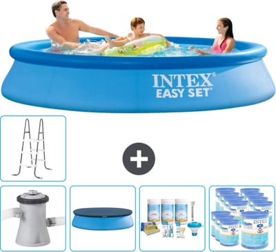 Intex Rond Opblaasbaar Easy Set Zwembad - 305 x 61 cm - Blauw - Inclusief Pomp Afdekzeil - Onderhoudspakket - Filters - Ladder