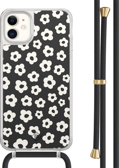Casimoda® hoesje met zwart koord - Geschikt voor iPhone 11 - Retro Bloempjes - Afneembaar koord - TPU/acryl - Zwart