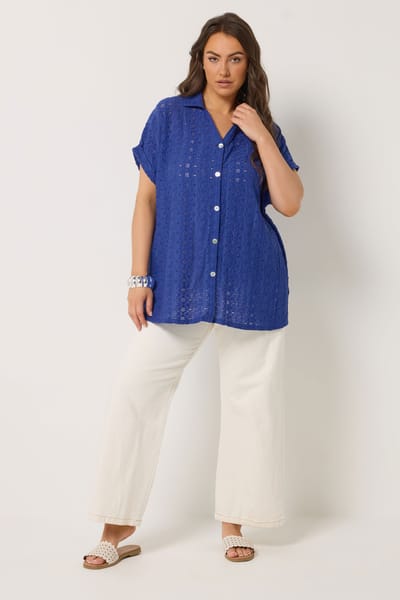 Yours Kobaltblauw Overhemd Met Broderie Anglaise En Aangegroeide Mouwen Size 42