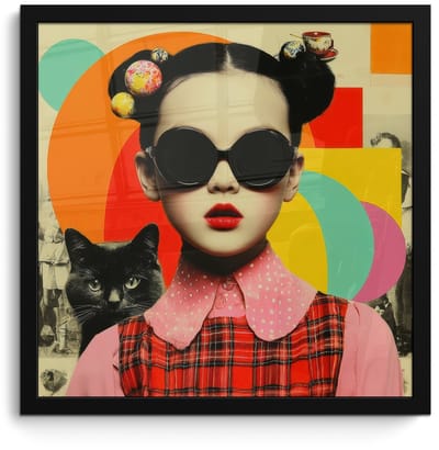 Poster in lijst - Fotolijst 40x40 cm - Posters - Meisje - Zonnebril - Kat - Retro - Posterlijst zwart - Decoratie - Wanddecoratie woonkamer - Muurdecoratie slaapkamer